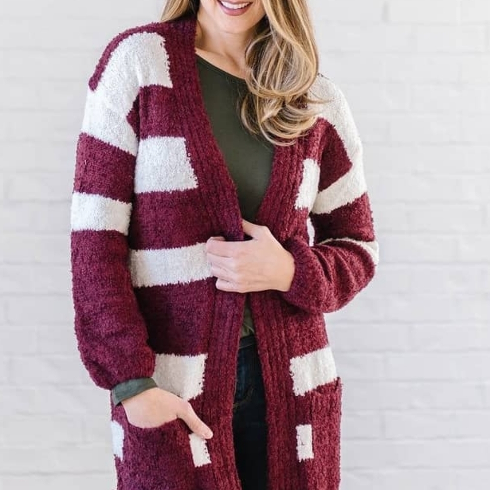 SWEATER BURGUNDY AND CREAM STRIPED CARDIGAN - Picture 6 of 6